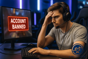 Ein junger Mann mit Headset sitzt an einem Computer in einer E-Sport-Umgebung und blickt frustriert auf den Bildschirm, auf dem in roter Schrift „ACCOUNT BANNED“ steht.