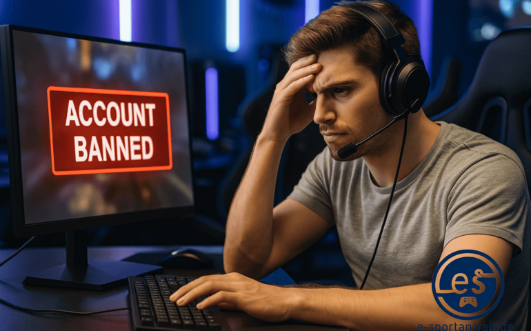 Ein junger Mann mit Headset sitzt an einem Computer in einer E-Sport-Umgebung und blickt frustriert auf den Bildschirm, auf dem in roter Schrift „ACCOUNT BANNED“ steht.