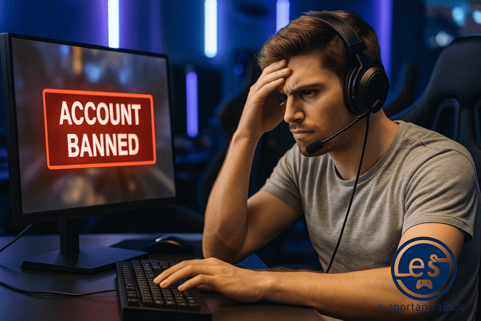Ein junger Mann mit Headset sitzt an einem Computer in einer E-Sport-Umgebung und blickt frustriert auf den Bildschirm, auf dem in roter Schrift „ACCOUNT BANNED“ steht.