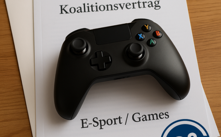 Ein schwarzer Controller liegt auf einem Stapel Dokumente auf einer Holzunterlage. Auf dem obersten Dokument steht "Koalitionsvertrag" und im unteren Drittel des Deckblatts steht "E-Sport / Games".