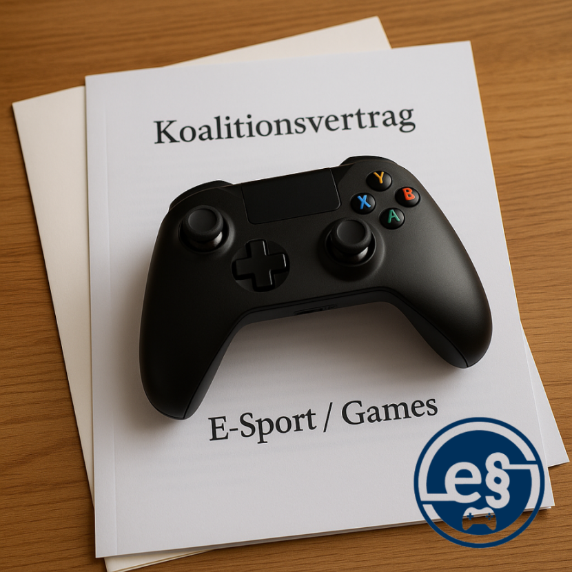 Ein schwarzer Controller liegt auf einem Stapel Dokumente auf einer Holzunterlage. Auf dem obersten Dokument steht "Koalitionsvertrag" und im unteren Drittel des Deckblatts steht "E-Sport / Games".